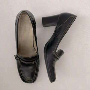 Naturalizer Brown Leather Loafers Wood Stack Block Heels Career Pumps Size 9.5